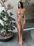 Sheath/Column Elastic Woven Ruffles Spaghetti Straps Sleeveless Sweep/Brush Train Dresses