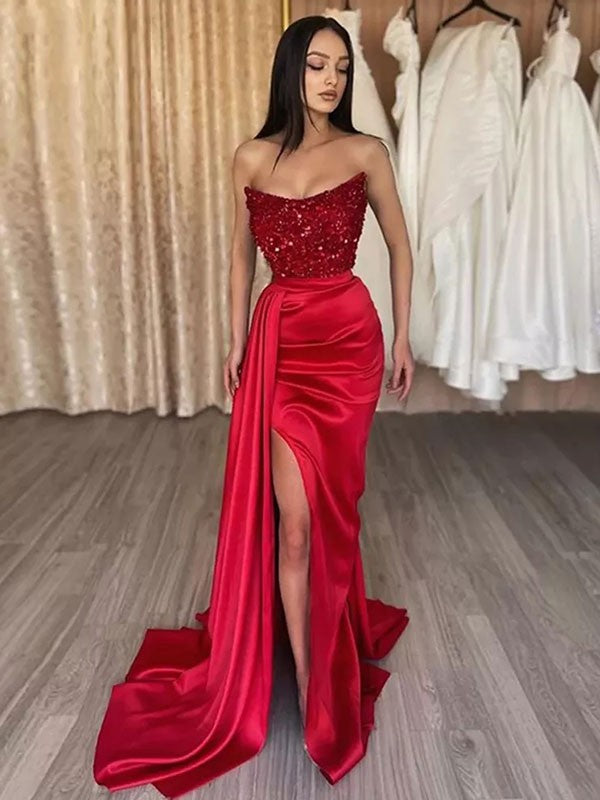 Sheath/Column Elastic Woven Strapless Sleeveless Sweep/Brush Train Dresses