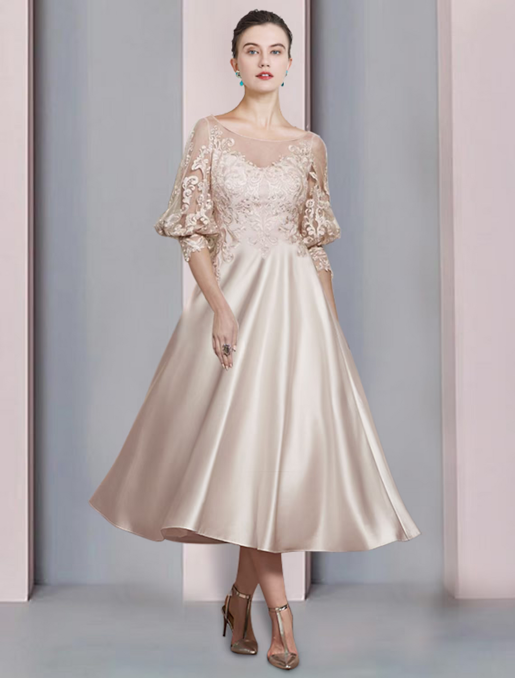 Mother of the Bride Dress Formal Wedding Guest Elegant Scoop Neck Length Sleeve Wrap Included with Pleats Appliques