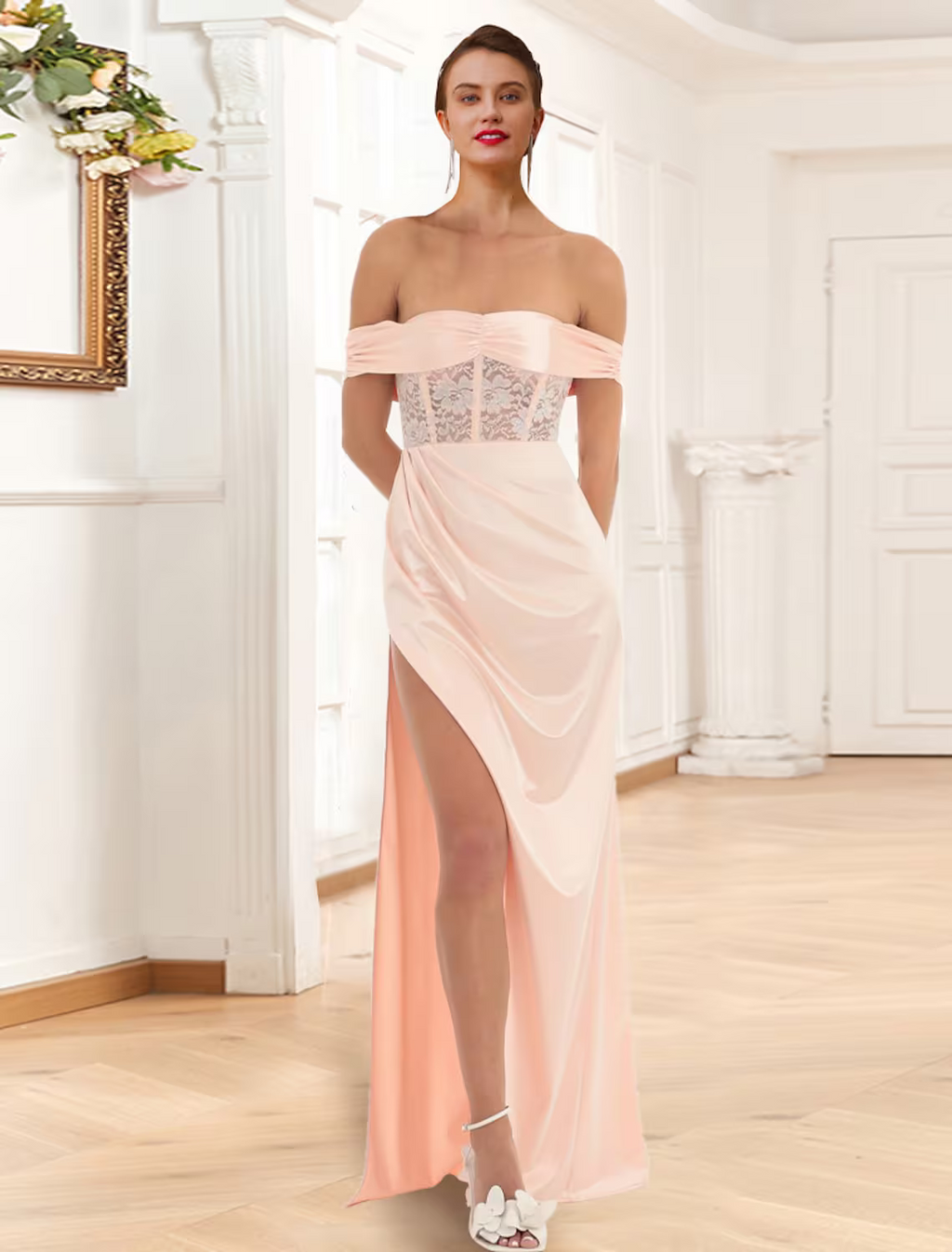 Corsets Dress Party Wear Floor Length Sleeveless Off Shoulder with Slit Appliques