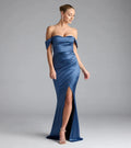 Blue Mermaid Off-the-Shoulder Sleeveless Back Zip Floor-Length Prom Dresses with Ruched High Slit