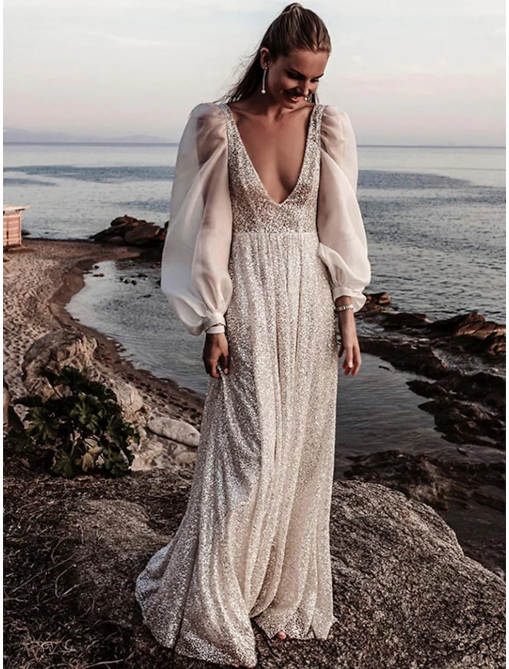 Beach Open Back Boho Wedding Dresses Long Sleeve V Neck With Pleats