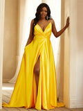 A-Line/Princess like Ruched V-neck Sleeveless Sweep/Brush Train Dresses