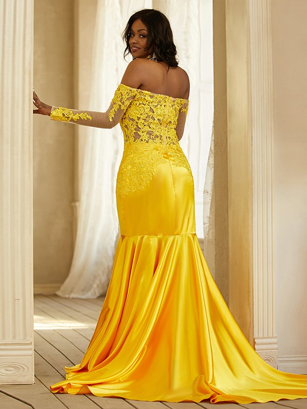 Trumpet/Mermaid Elastic Woven Applique Off-the-Shoulder Long Sleeves Sweep/Brush Train Dresses