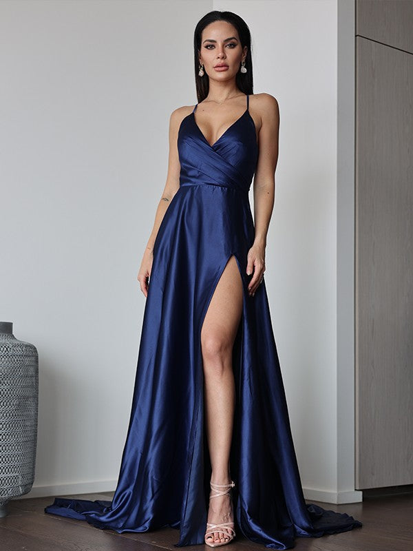 A-Line/Princess Like Ruched V-neck Sleeveless Sweep/Brush Train Dresses