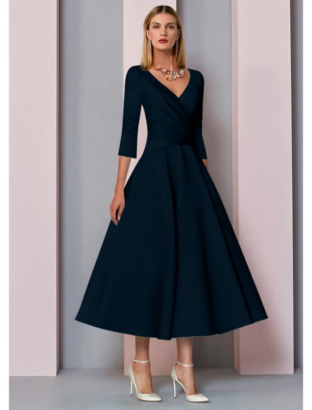 Mother of the Bride Dress Wedding Guest Vintage Plus Size Elegant V Neck Length 3/4 Length Sleeve with Pleats