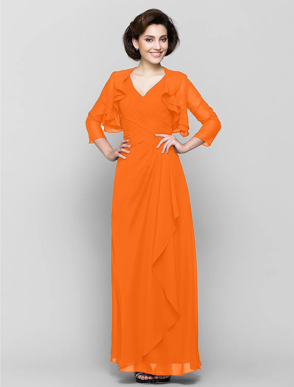 Sheath / Column Mother of the Bride Dress Convertible Dress V Neck Floor Length 3/4 Length Sleeve with Criss Cross Cascading Ruffles