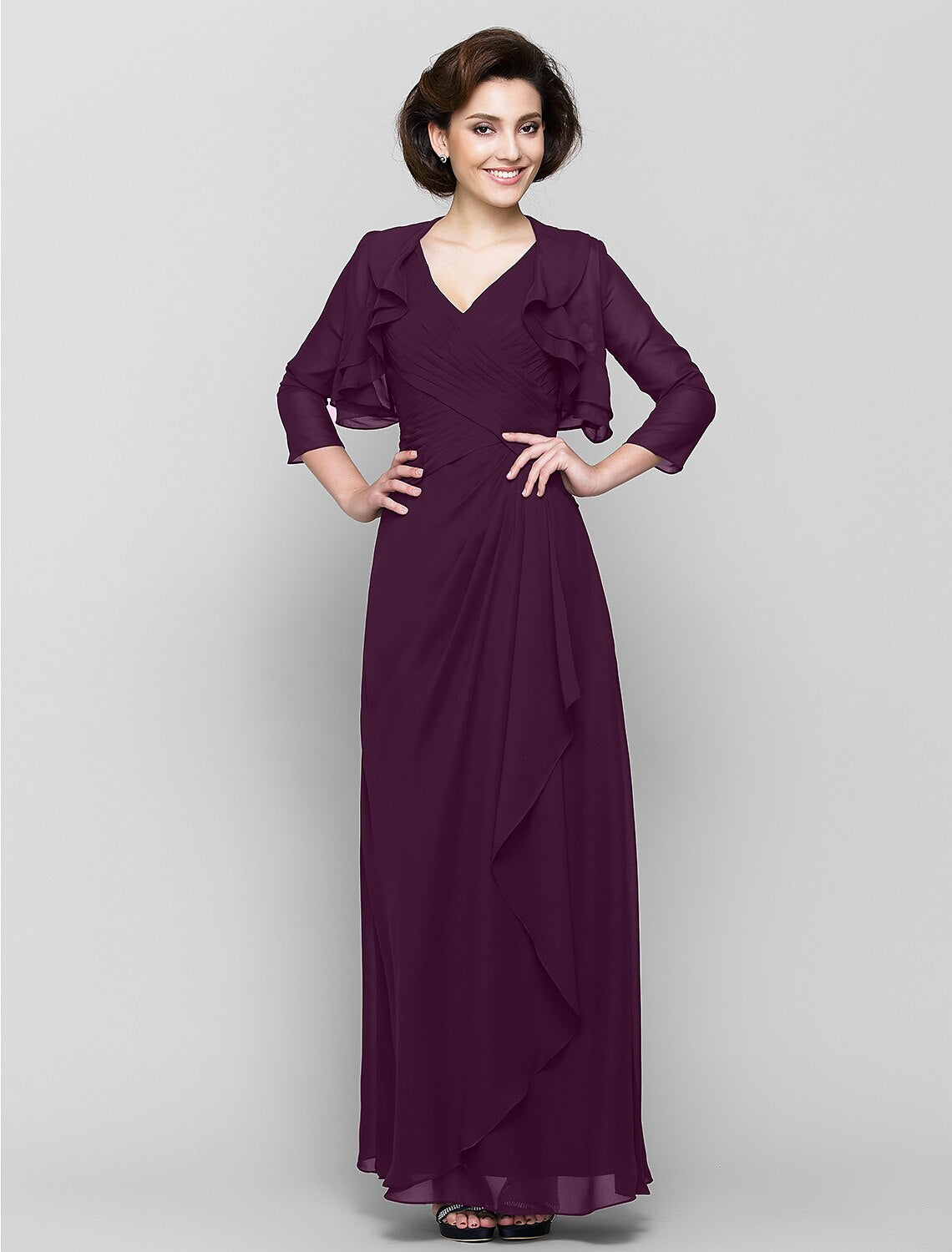Sheath / Column Mother of the Bride Dress Convertible Dress V Neck Floor Length 3/4 Length Sleeve with Criss Cross Cascading Ruffles