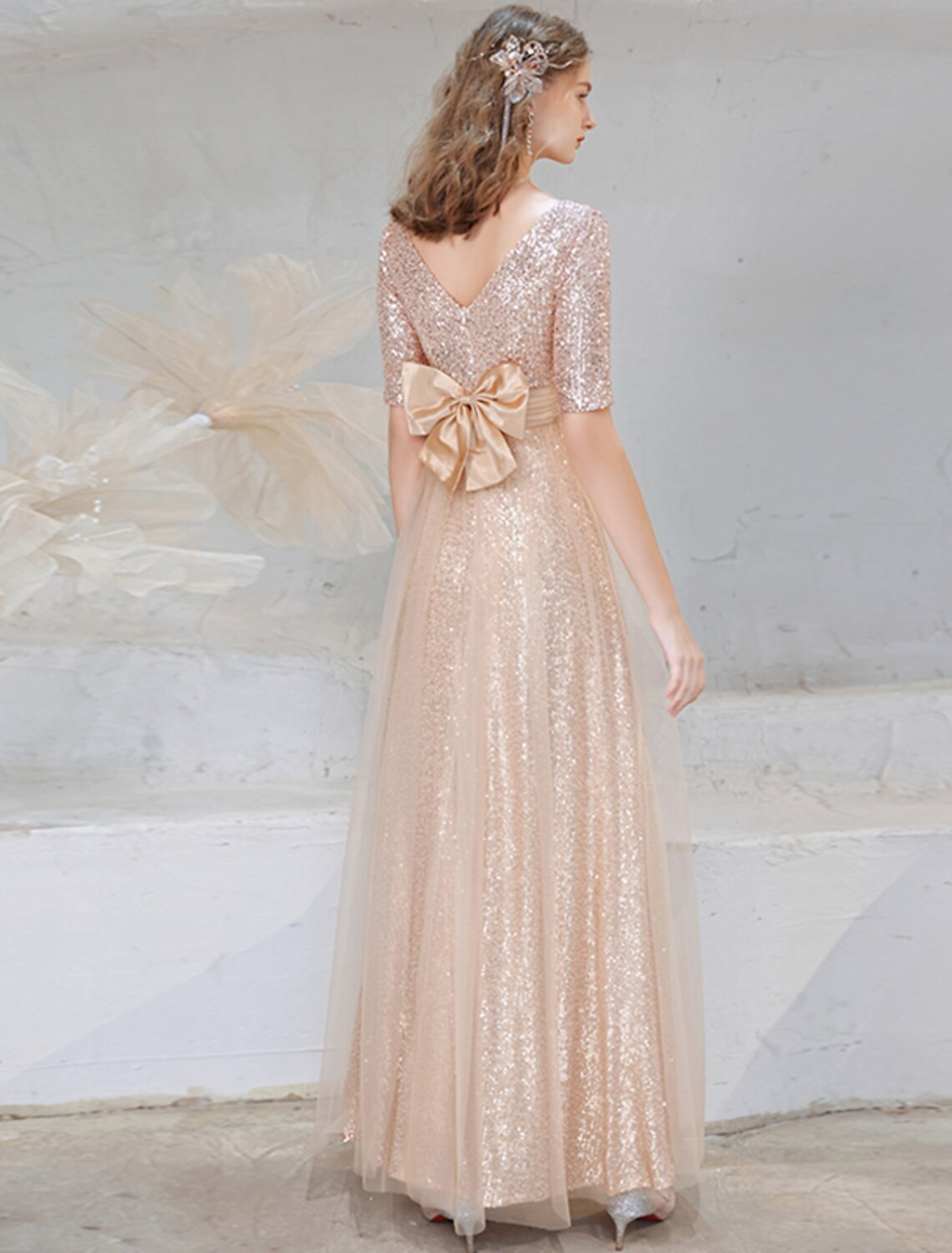 Evening Gown Sparkle Dress Wedding Guest Floor Length Half Sleeve V Neck with Bow(s)