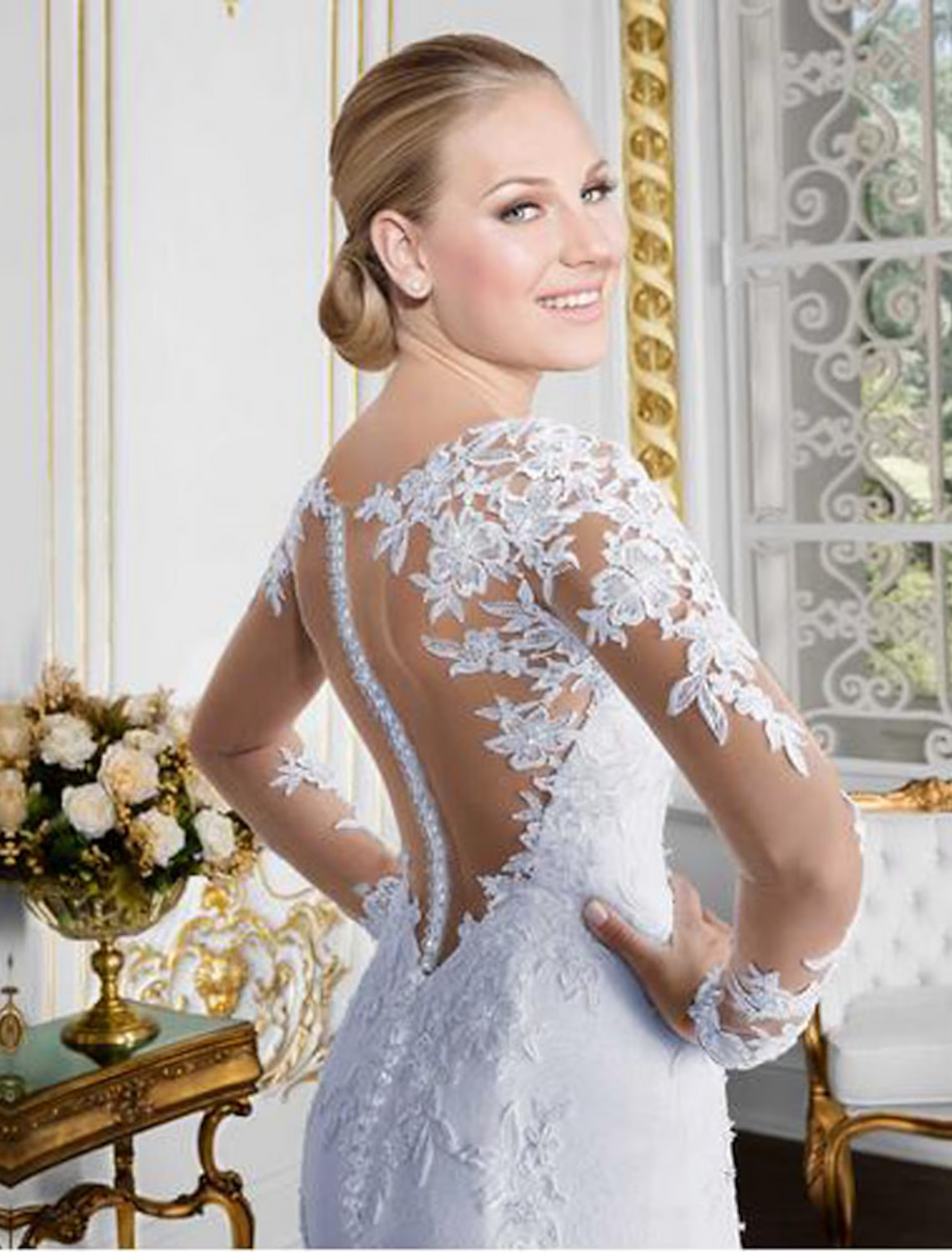Open Back Sexy Formal Wedding Dresses Chapel Train Long Sleeve Neck With Appliques