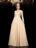 A-Line/Princess V-neck Applique Long Sleeves Long Dresses