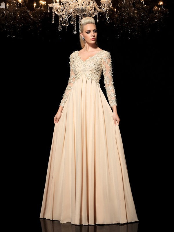 A-Line/Princess V-neck Applique Long Sleeves Long Dresses