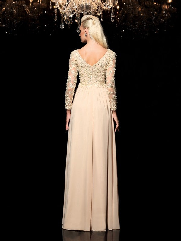 A-Line/Princess V-neck Applique Long Sleeves Long Dresses