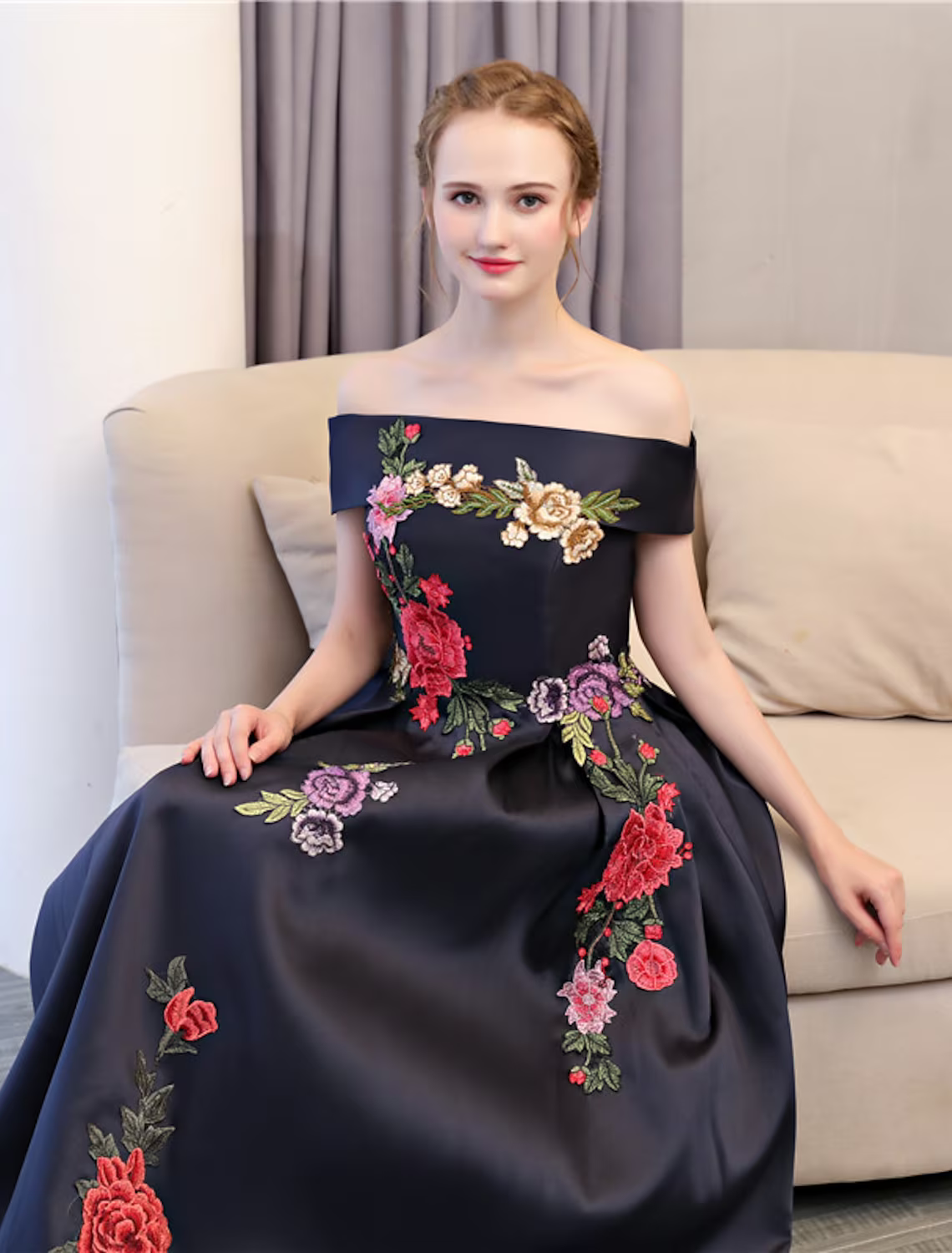 Floral Dress Wedding Guest Floor Length Sleeveless Off Shoulder with Embroidery Appliques