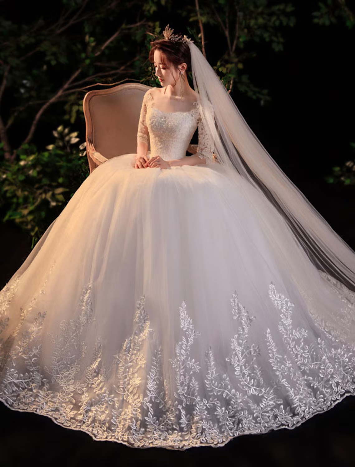 Engagement Formal Wedding Dresses Floor Length Princess Half Sleeve Jewel Neck With Appliques
