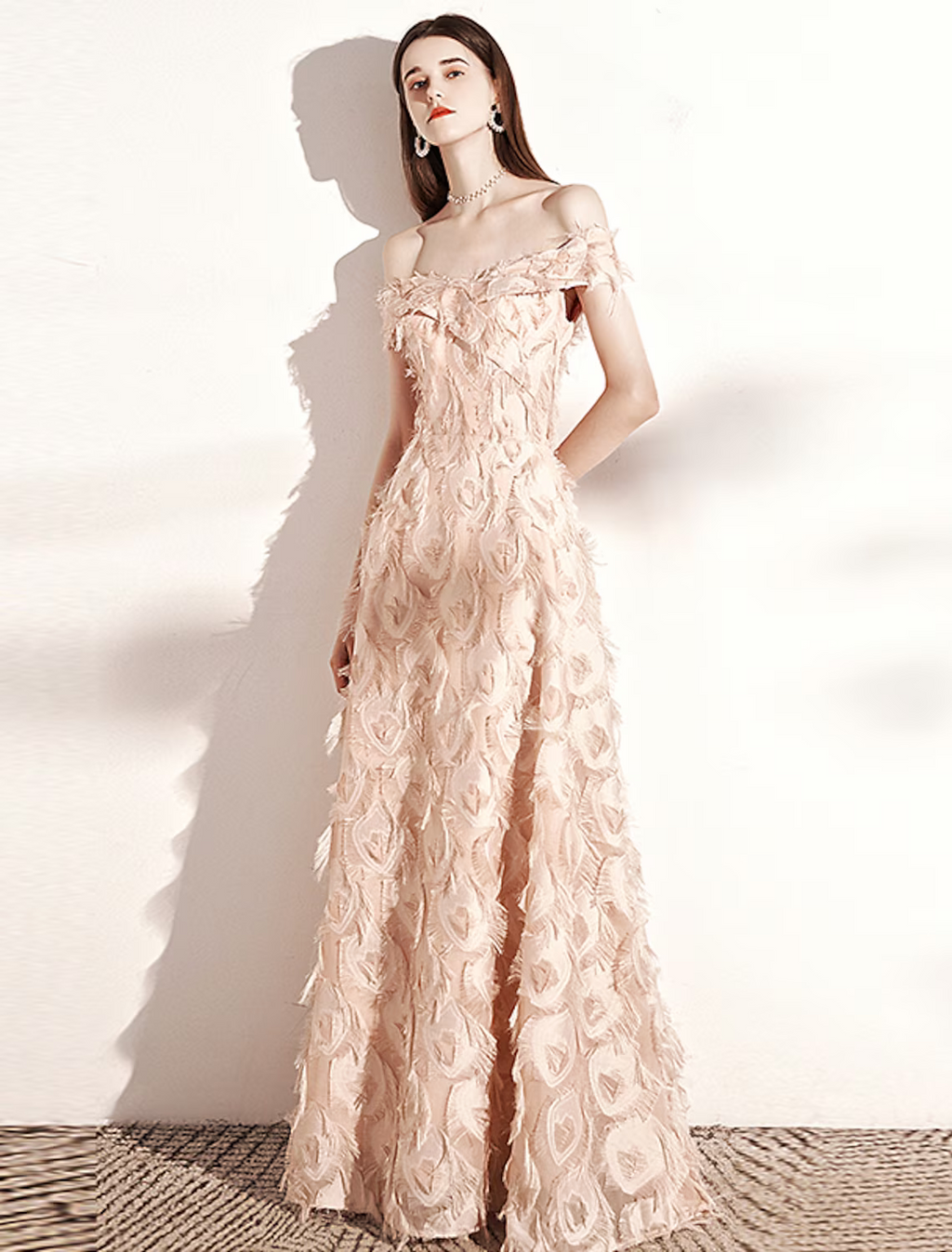 Evening Gown Minimalist Dress Formal Evening Floor Length Short Sleeve Off Shoulder Nylon with Feather