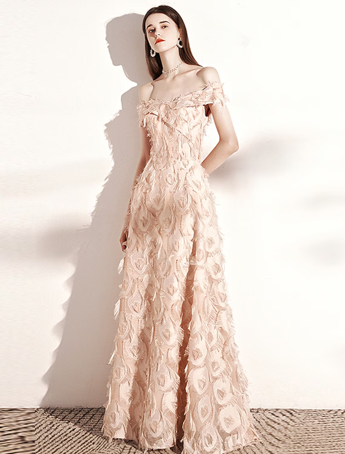 Evening Gown Minimalist Dress Formal Evening Floor Length Short Sleeve Off Shoulder Nylon with Feather