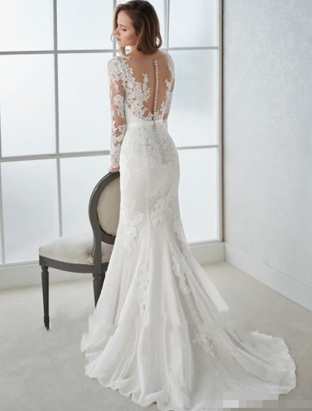 Engagement Open Back Formal Wedding Dresses Long Sleeve V Neck