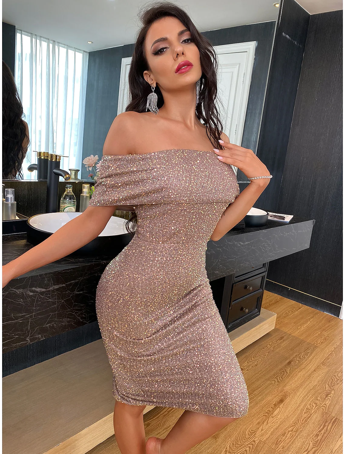 Vintage Dress Homecoming Length Short Sleeve Off Shoulder Backless V Back with Slit