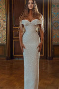 White Sparkle Off-the-shoulder Column Wedding Dress