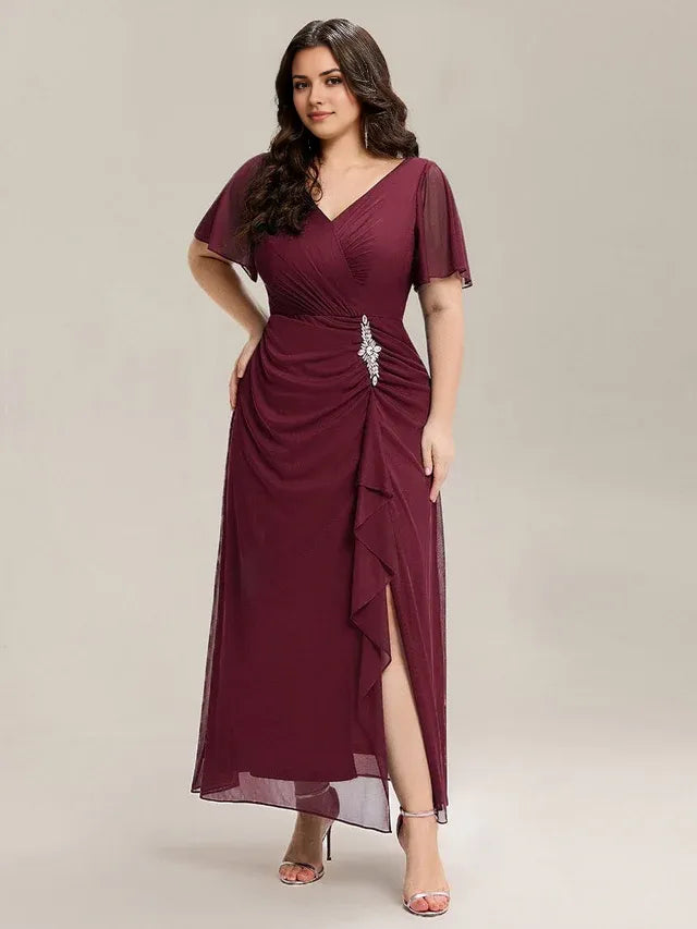 V -Neck Ruffle Sleeve Back Zip Ruched Bodice Slit Floor-Length Plus Size Prom Dresses