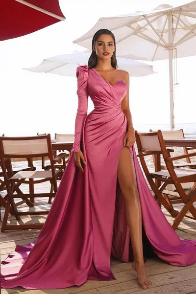 One Shoulder Front Split Evening Party Dresses with Sweep Train