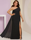 Plus Size Curve Mother of the Bride Dress Wedding Guest Party Sexy One Shoulder Floor Length Sleeveless with Beading Split Front