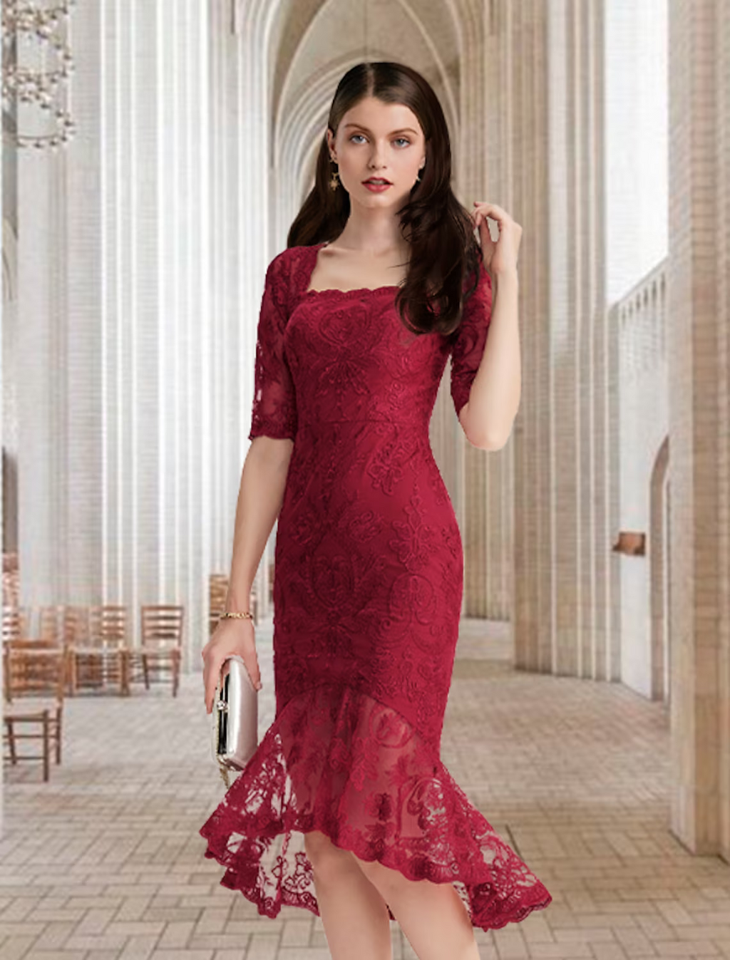 Mother of the Bride Dress Vintage Elegant High Low Square Neck Asymmetrical Half Sleeve with Ruffles Appliques