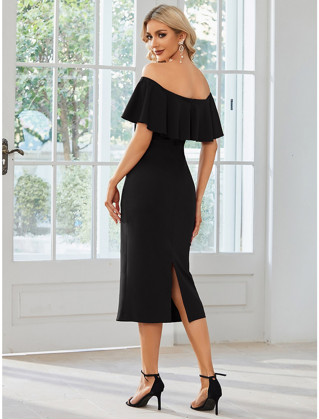 Wedding Guest Dresses Dress Party Wear Tea Length Short Sleeve Off Shoulder Fabric with Slit