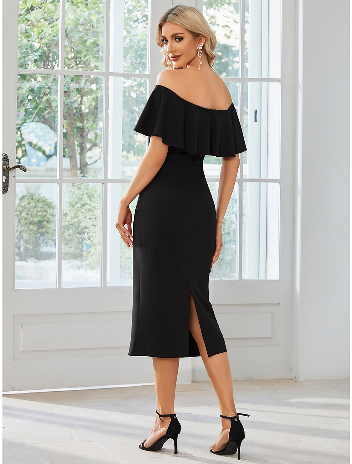 Wedding Guest Dresses Dress Party Wear Tea Length Short Sleeve Off Shoulder Fabric with Slit
