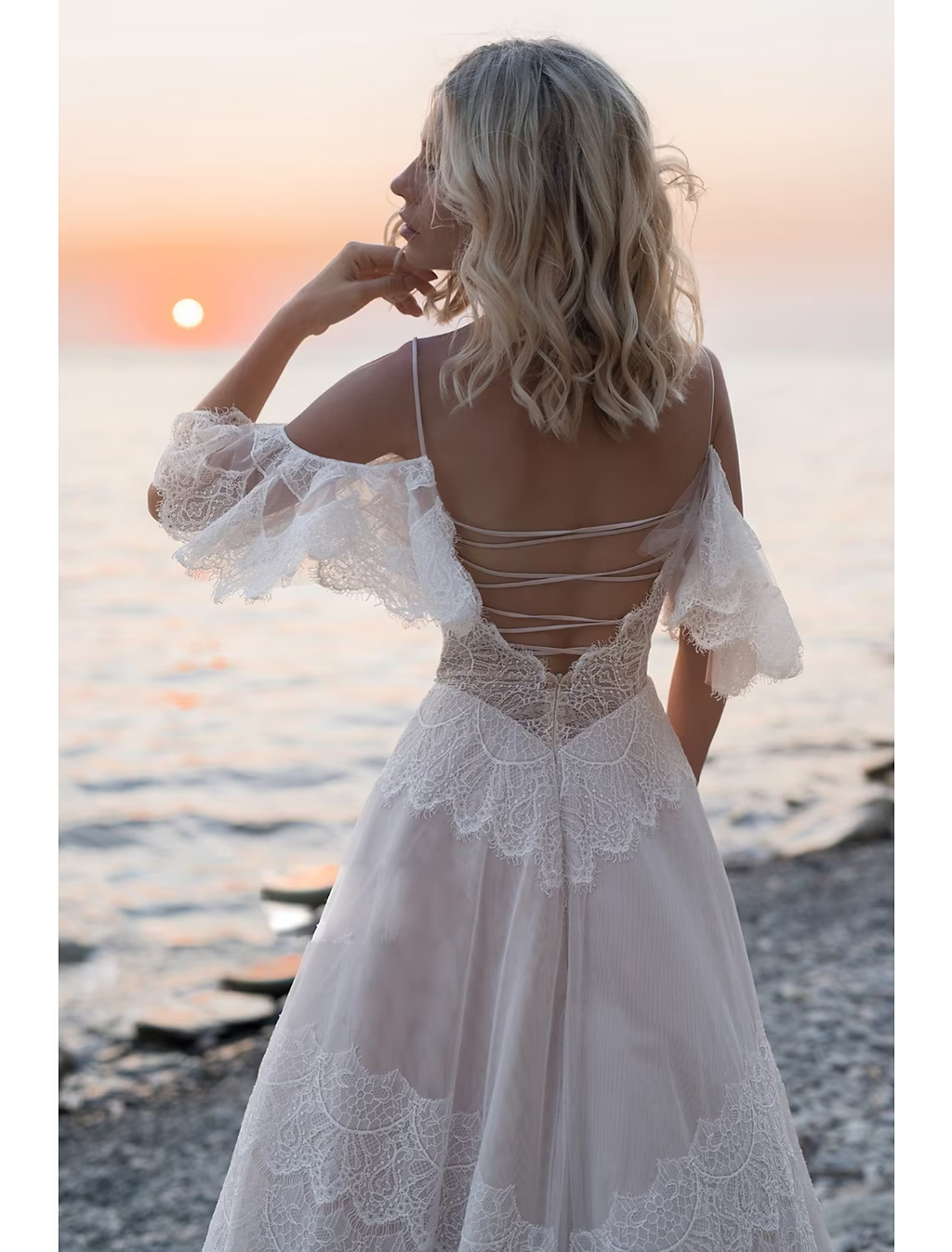Beach Open Back Wedding Dresses Train A-Line Short Sleeve V Neck