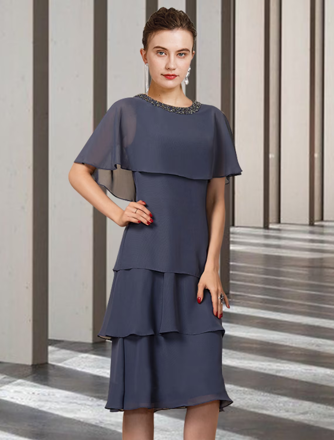Mother of the Bride Dress Elegant Jewel Neck Knee Length Short Sleeve with Beading Ruffles