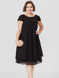 Black Mother of the Bride Dress Formal Little Dress Plus Size Knee Length Short Sleeve No with Pleats Beading
