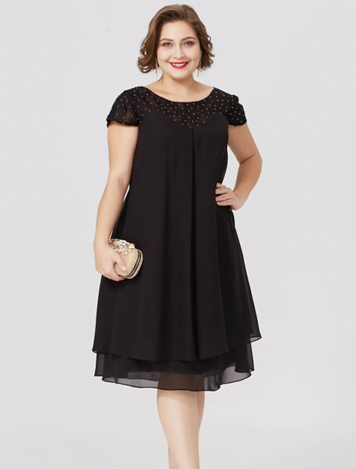 Black Mother of the Bride Dress Formal Little Dress Plus Size Knee Length Short Sleeve No with Pleats Beading