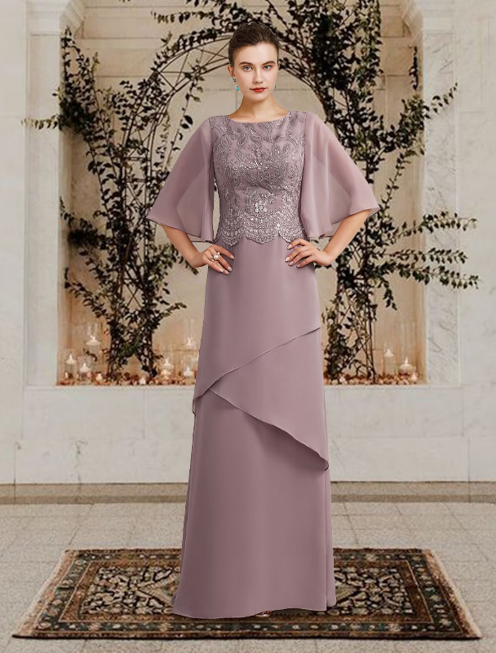 Mother of the Bride Dress Plus Size Elegant Jewel Neck Floor Length Short Sleeve with Ruffles Appliques