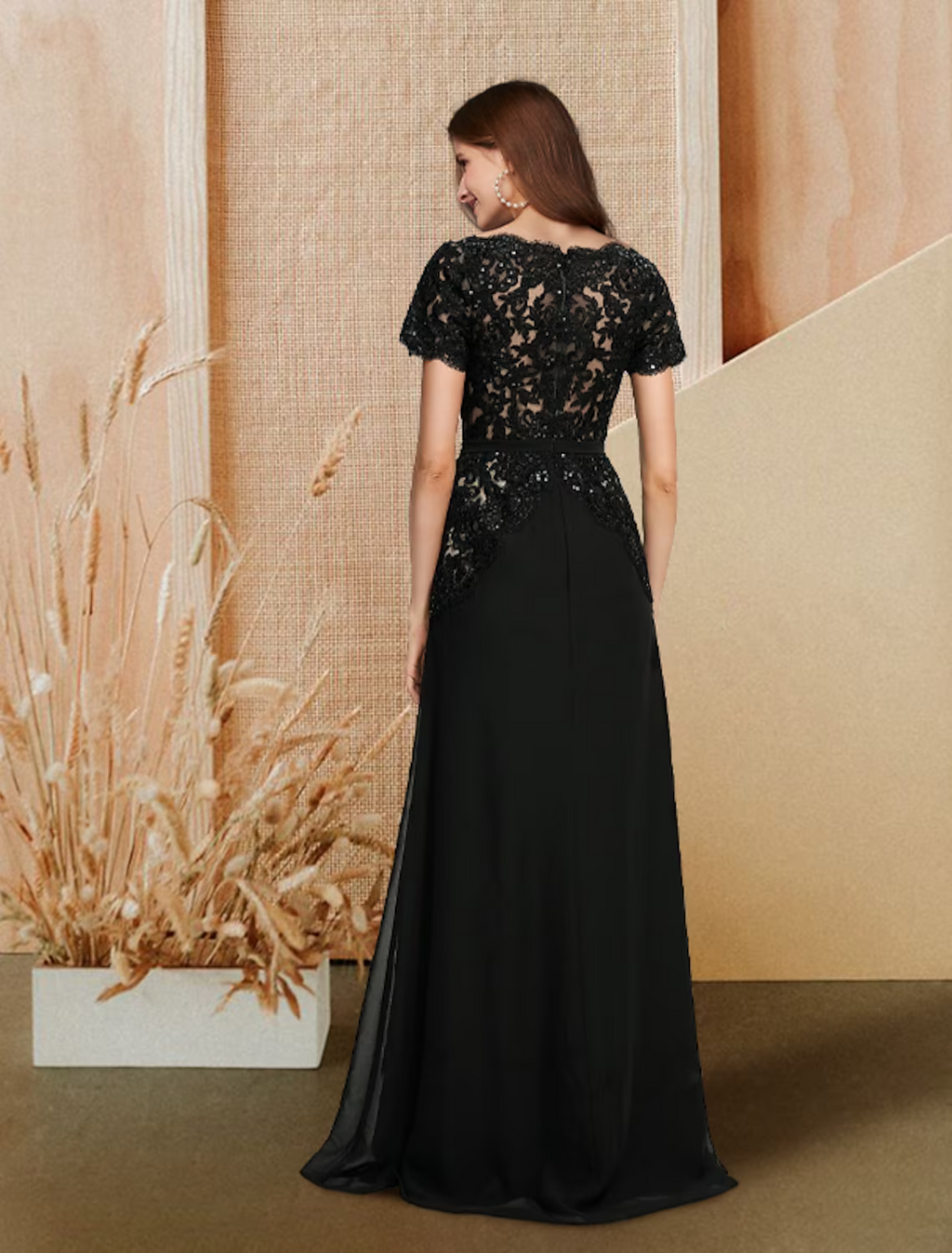Evening Gown Dress Engagement Floor Length Short Sleeve V Neck