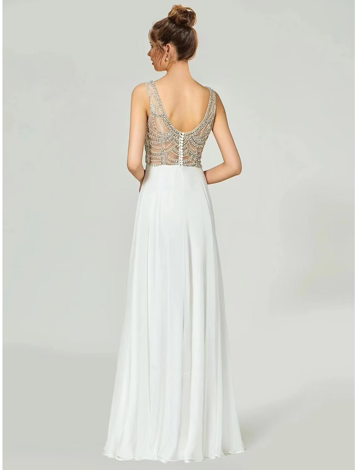 Evening Gown Open Back Dress Formal Floor Length Sleeveless V Neck with Rhinestone
