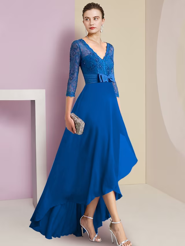 Mother of the Bride Dress Formal Wedding Guest Elegant High Low V Neck Asymmetrical Sleeve with Bow(s)