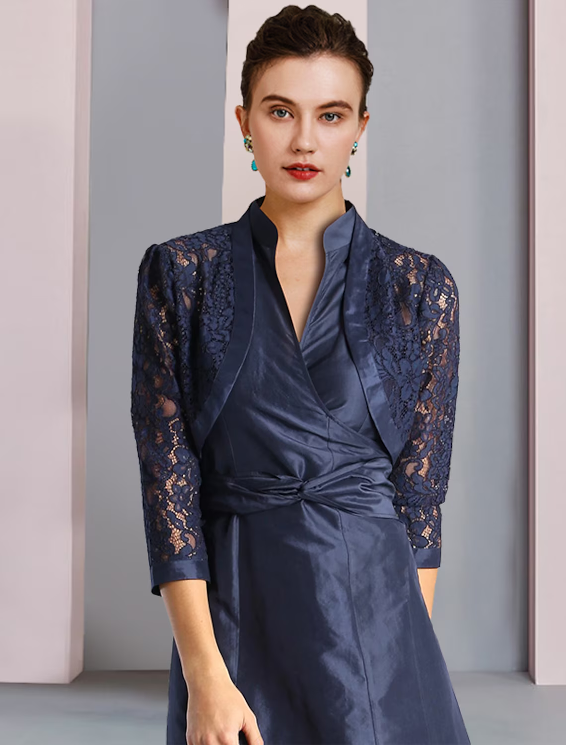 Two Piece A-Line Mother of the Bride Dress Formal Wedding Guest Elegant Shirt Collar Tea Length Sleeveless Wrap Included with Pleats