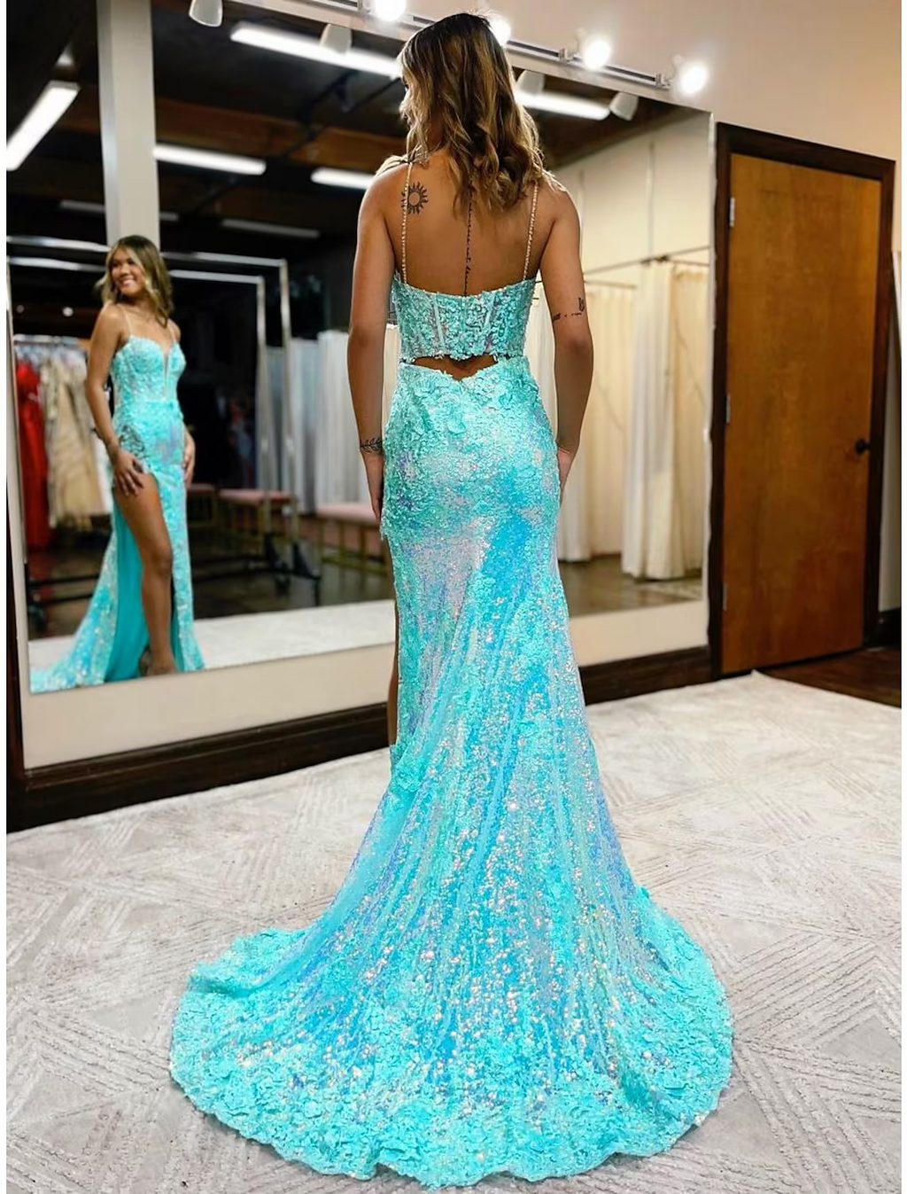 High Split Dress Formal Court Train Sleeveless V Neck with Slit Appliques
