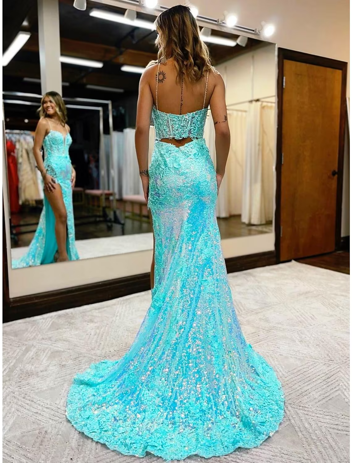 High Split Dress Formal Court Train Sleeveless V Neck with Slit Appliques