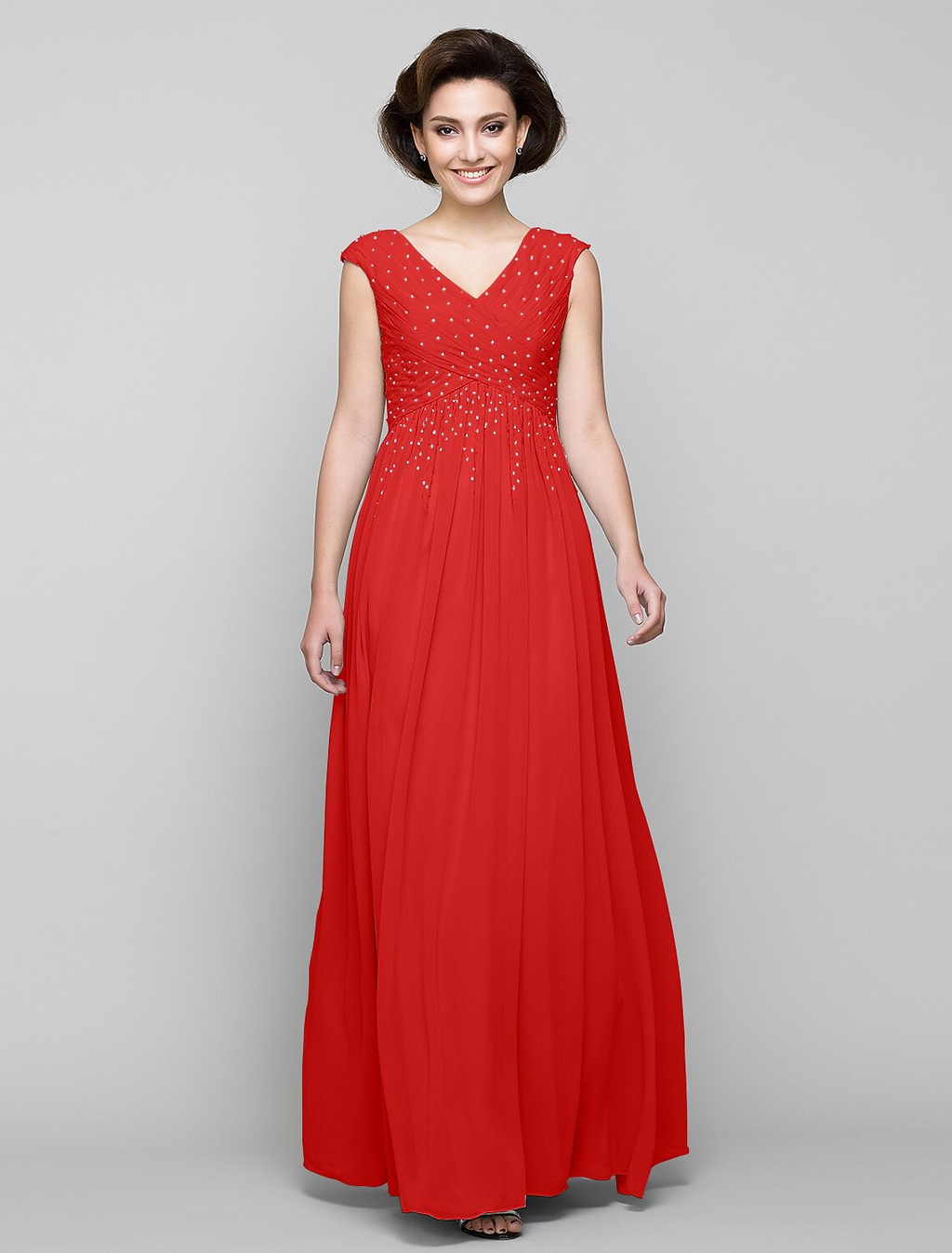 Mother of the Bride Dress Elegant V Neck Floor Length Sleeveless with Cross Beading