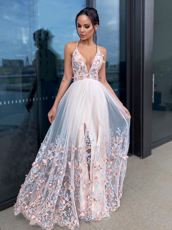 A-Line/Princess Applique V-neck Sleeveless Floor-Length Dresses