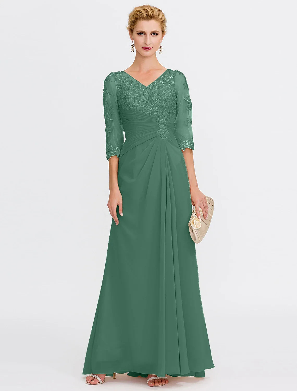 Mother of the Bride Dress Plus Size Elegant Through V Neck Floor Length Half Sleeve with Appliques Side Draping