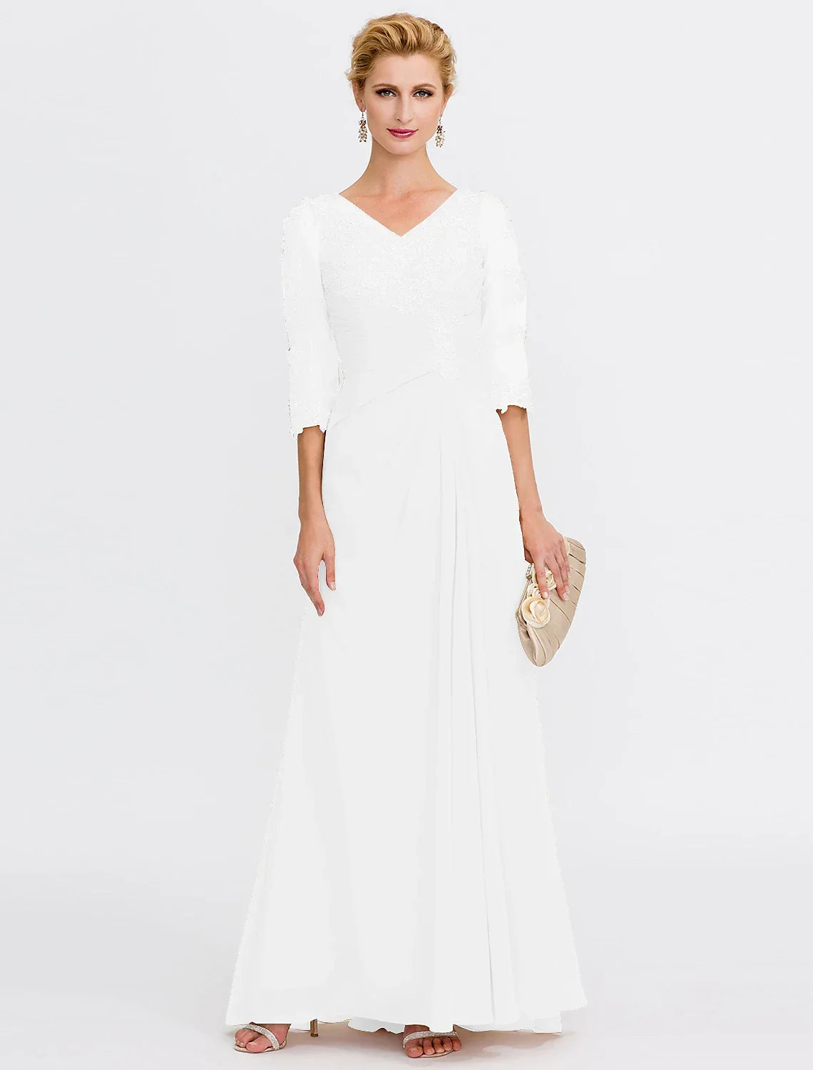 Mother of the Bride Dress Plus Size Elegant Through V Neck Floor Length Half Sleeve with Appliques Side Draping