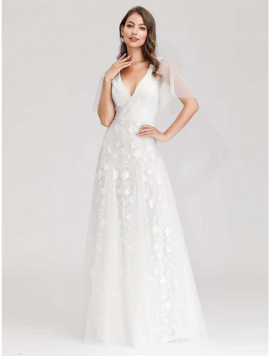 Bridal Shower Wedding Dresses A-Line Short Sleeve V Neck With Appliques