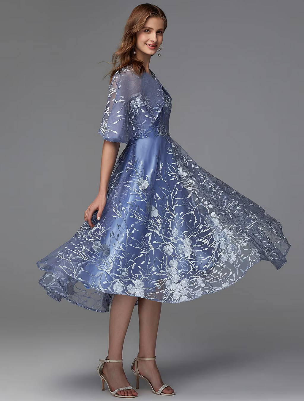 Floral Dress Wedding Guest Sleeveless V Neck V Back with Pattern Print Appliques
