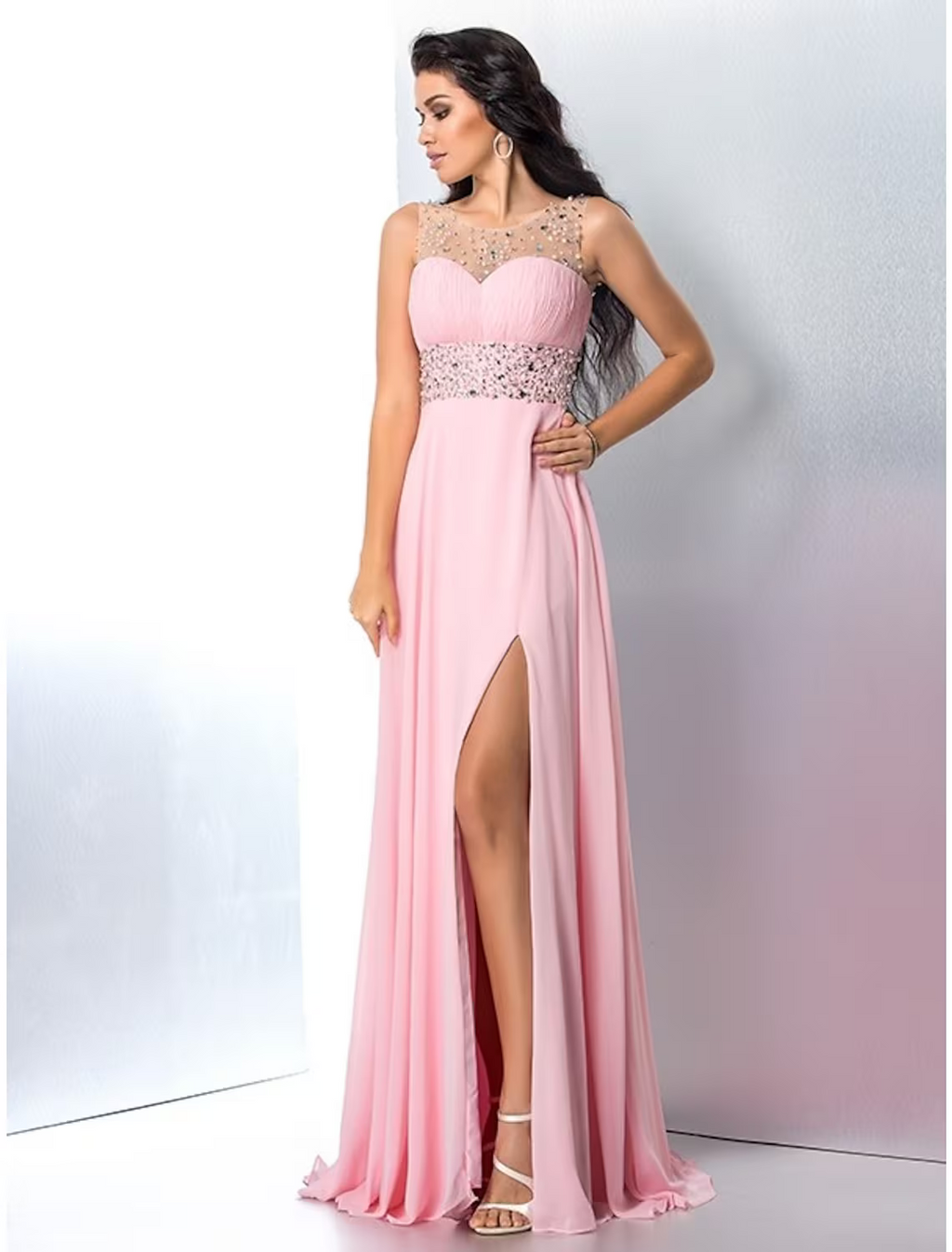 Sparkle Shine Dress Party Wear Sleeveless Jewel Neck with Rhinestone Slit