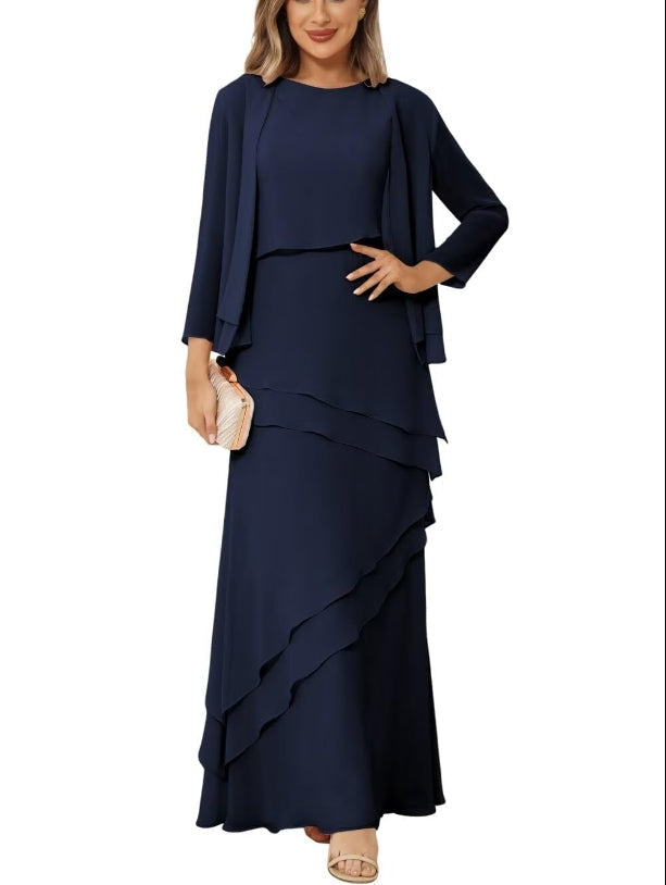 Mother of the Bride or Groom Dresses Long Sleeve Jacket Long Formal Dress Ruffles Wedding Guests Dresses