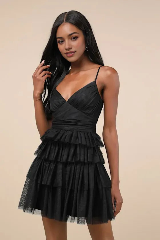 Black Dress with Deep V - Neck Spaghetti Straps and Tiered Skirt A Must - Have for Sophisticated Homecoming Occasions